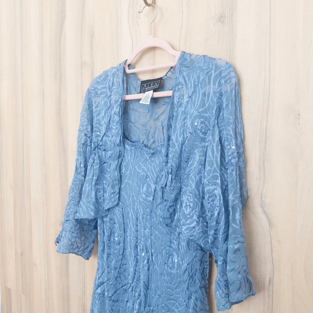 Alex Evenings Silk Dress Set 12 Blue 2 Piece Burnout Floral Formal Wedding Fairy